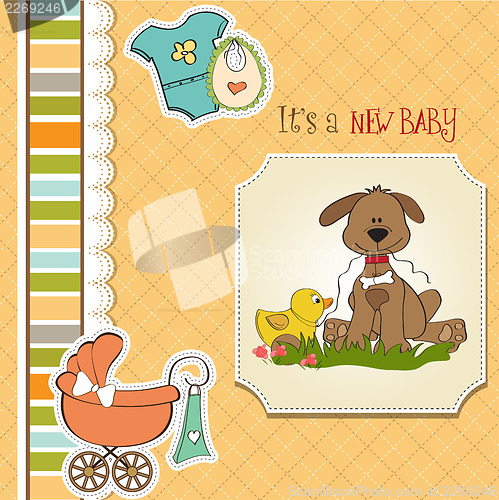 Image of baby shower card with dog and duck toy