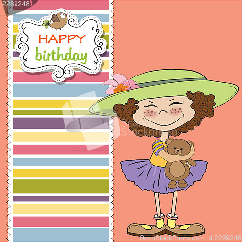 Image of cute birthday greeting card with girl and her teddy bear