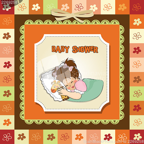 Image of baby shower card with little girl and her toy