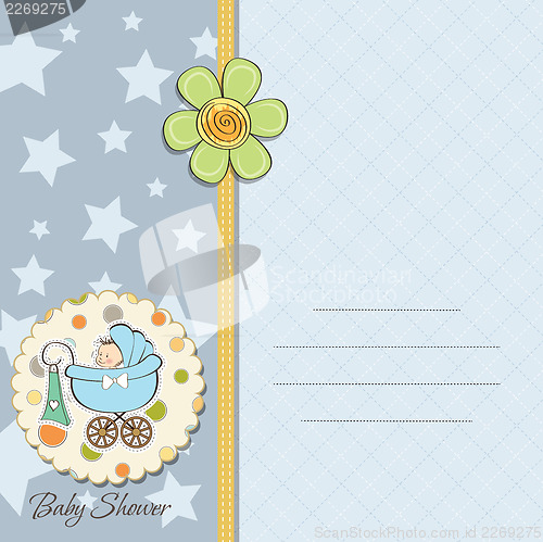Image of baby boy announcement card with baby and pram