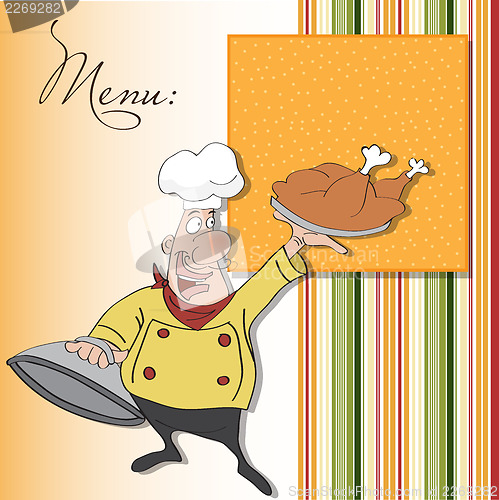 Image of funny cartoon chef with tray of food in hand