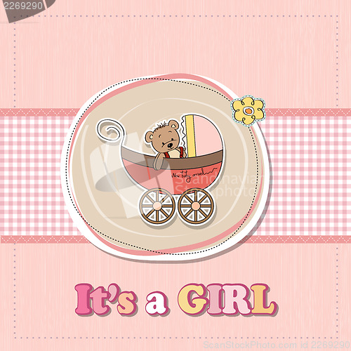 Image of baby girl shower card with funny teddy bear in stroller