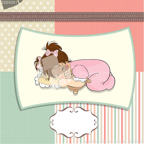 Image of baby shower card with little baby girl play with her teddy bear 