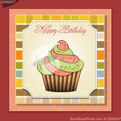 Image of cute happy birthday card with cupcake