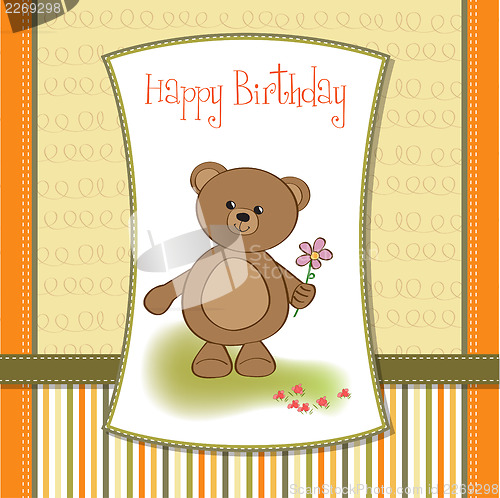Image of happy birthday card with teddy bear and flower