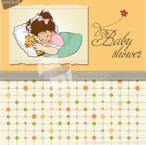Image of baby shower card with little girl and her toy