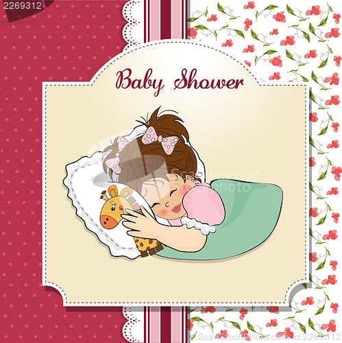 Image of baby shower card with little girl and her toy