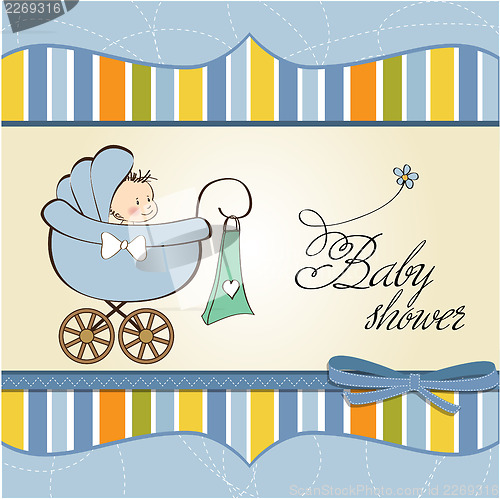 Image of baby boy announcement card with baby and pram