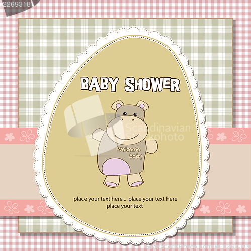 Image of childish baby girl announcement card with hippo toy