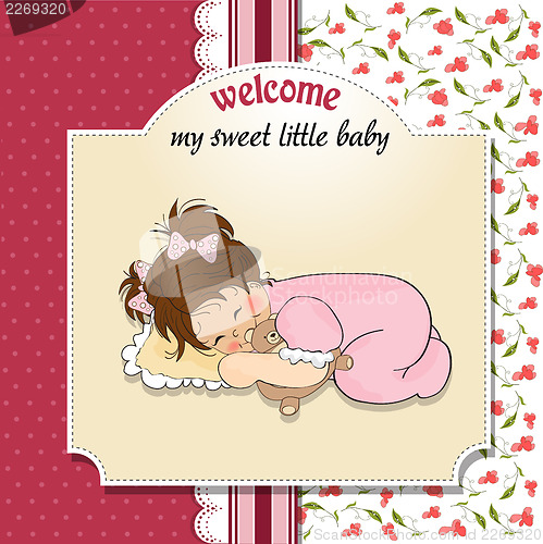 Image of baby shower card with little baby girl play with her teddy bear 