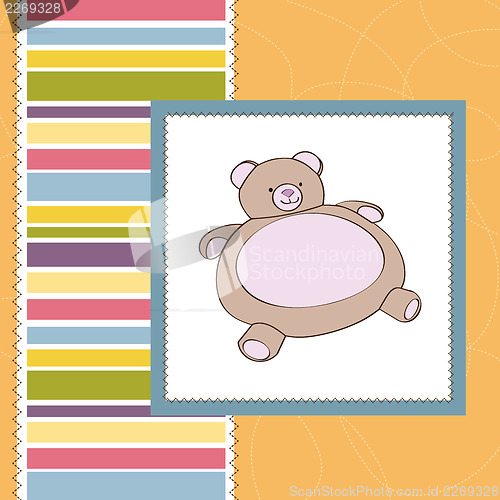Image of baby shower card with teddy bear toy
