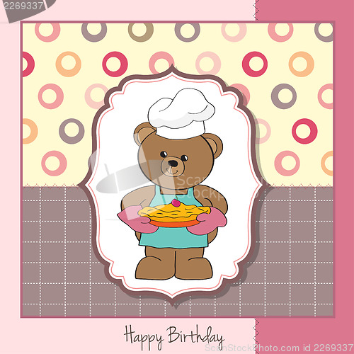 Image of teddy bear with pie. birthday greeting card