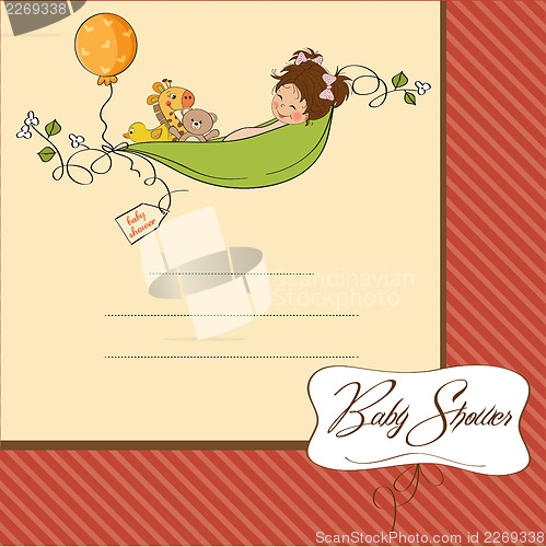 Image of little girl siting in a pea been. baby announcement card