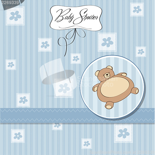 Image of baby shower card with teddy bear toy