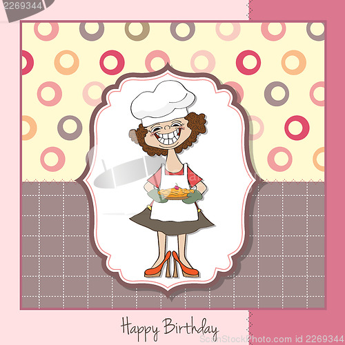 Image of birthday greeting card with funny woman and pie