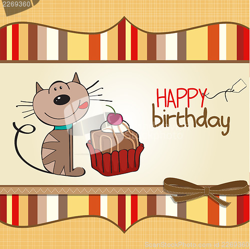 Image of birthday greeting card with a cat waiting to eat a cake