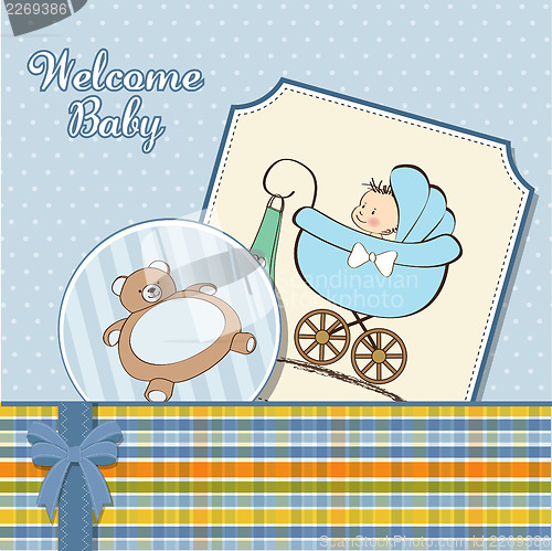 Image of baby boy announcement card with baby and pram