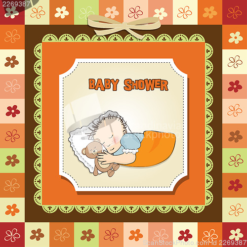 Image of baby shower card with little baby boy sleep with his teddy bear 