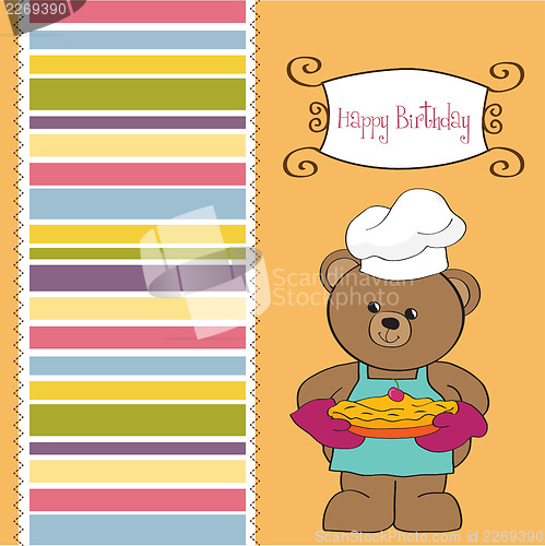 Image of teddy bear with pie. birthday greeting card