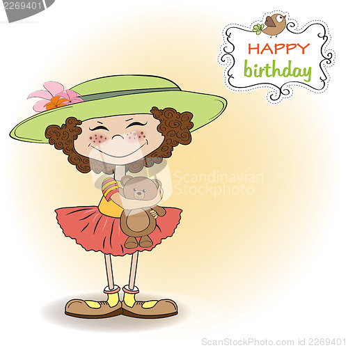 Image of cute birthday greeting card with girl and her teddy bear