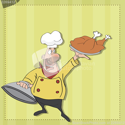 Image of funny cartoon chef with tray of food in hand