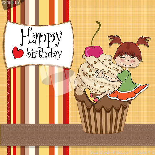 Image of birthday card with funny girl perched on cupcake