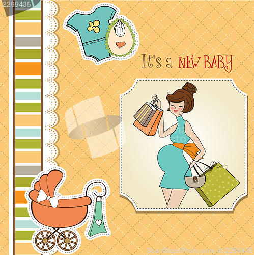 Image of baby announcement card with beautiful pregnant woman on shopping