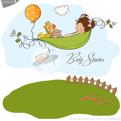 Image of little girl siting in a pea been. baby announcement card