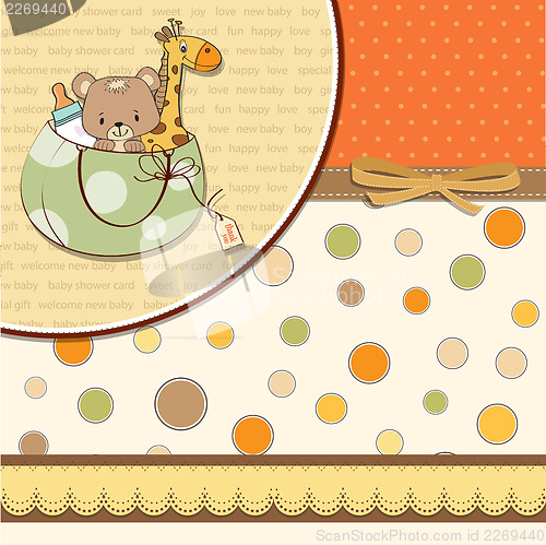 Image of new baby announcement card with bag and same toys