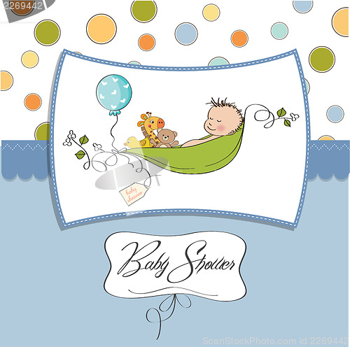 Image of little boy sleeping in a pea been, baby announcement card