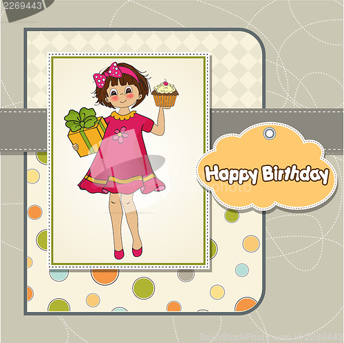 Image of birthday greeting card with girl and big cupcake