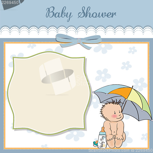 Image of baby boy shower card with funny baby under his umbrella