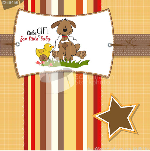 Image of baby shower card with dog and duck toy