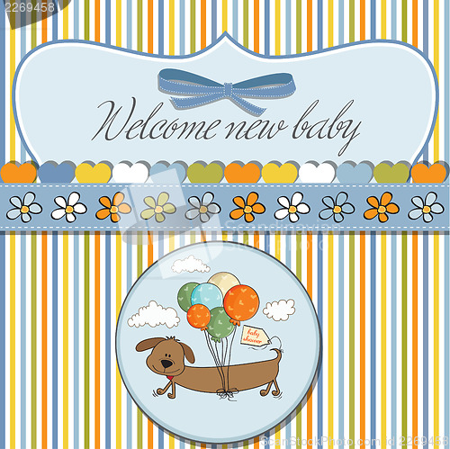 Image of baby shower card with long dog and balloons