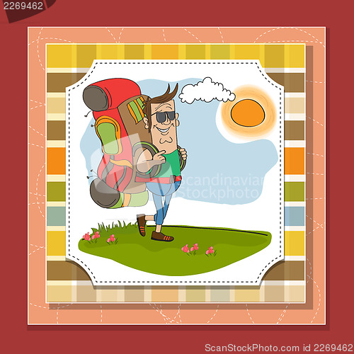 Image of tourist man traveling with backpack