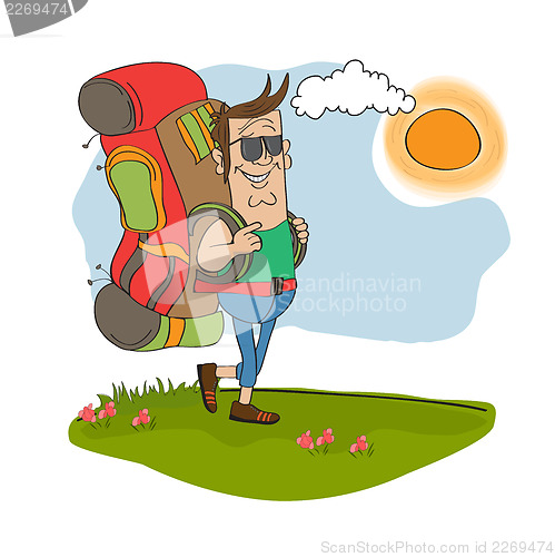 Image of tourist man traveling with backpack