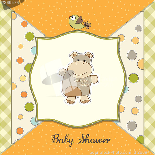 Image of childish baby shower card with hippo toy
