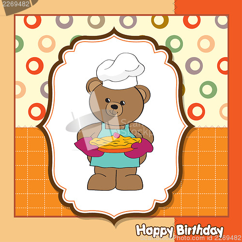 Image of teddy bear with pie. birthday greeting card