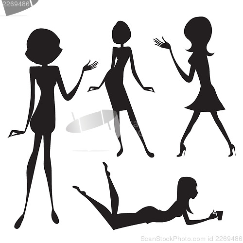 Image of three cute fashion girls, black and white vector illustration is