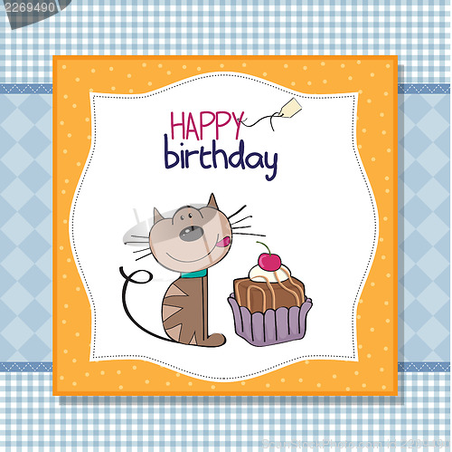 Image of birthday greeting card with a cat waiting to eat a cake