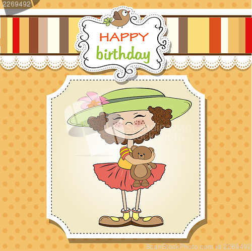 Image of cute birthday greeting card with girl and her teddy bear