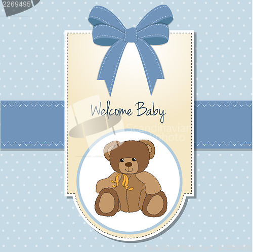 Image of baby boy welcome card with teddy bea