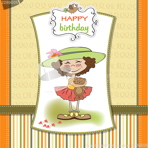 Image of cute birthday greeting card with girl and her teddy bear