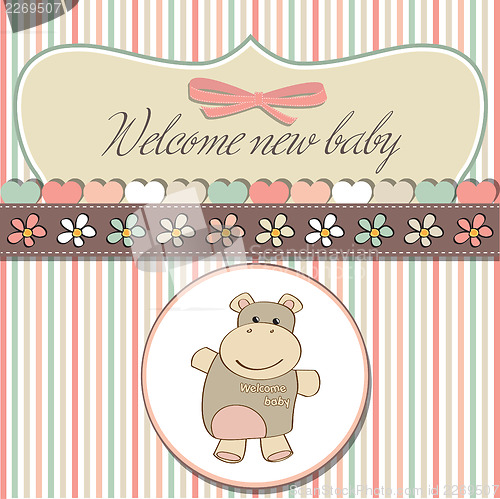 Image of childish baby girl announcement card with hippo toy