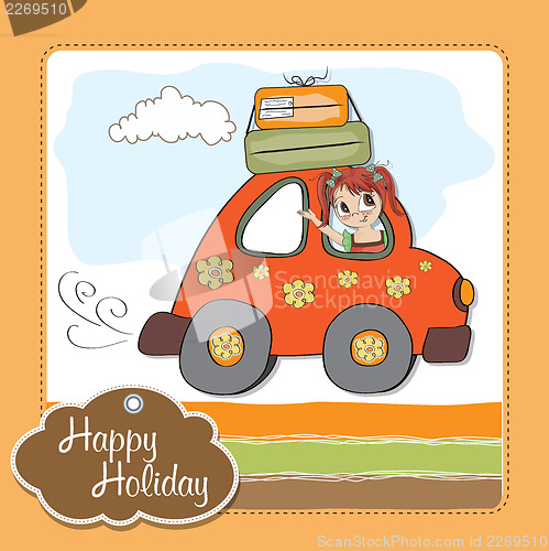 Image of happy woman going on holiday by car