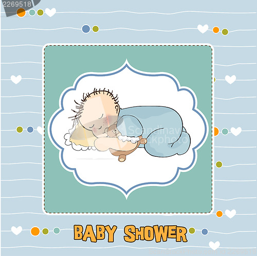 Image of baby shower card with little baby boy sleep with his teddy bear 