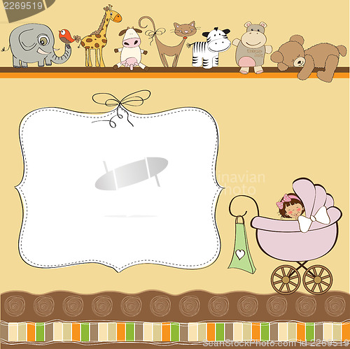 Image of new baby girl announcement card with pram