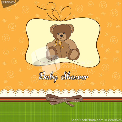 Image of baby shower card with teddy bear toy