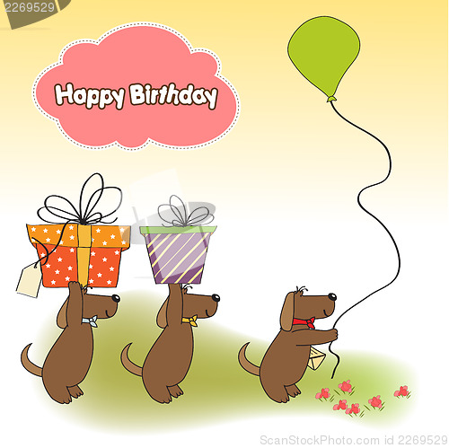 Image of three dogs that offer a big gift. birthday greeting card