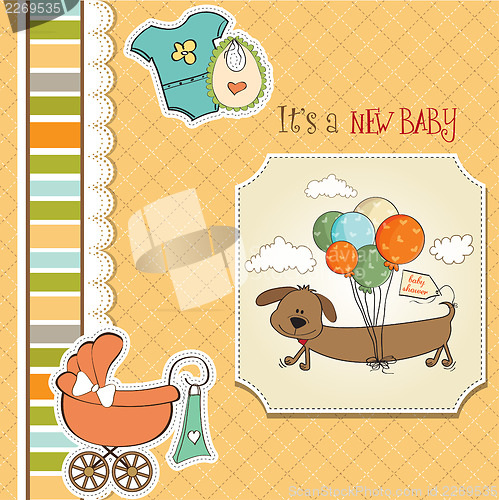 Image of baby shower card with long dog and balloons